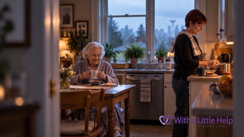 Overnight care for seniors includes morning support as a caregiver prepares breakfast for an older woman in her Seattle home.
