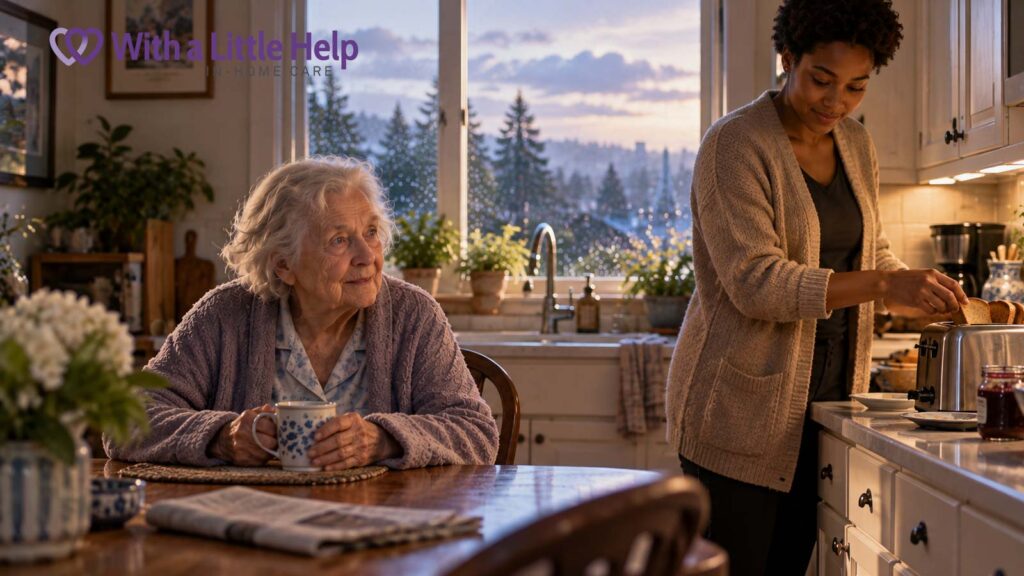 Overnight care for seniors with dementia continues into the morning as a caregiver prepares breakfast for an elderly woman at home.