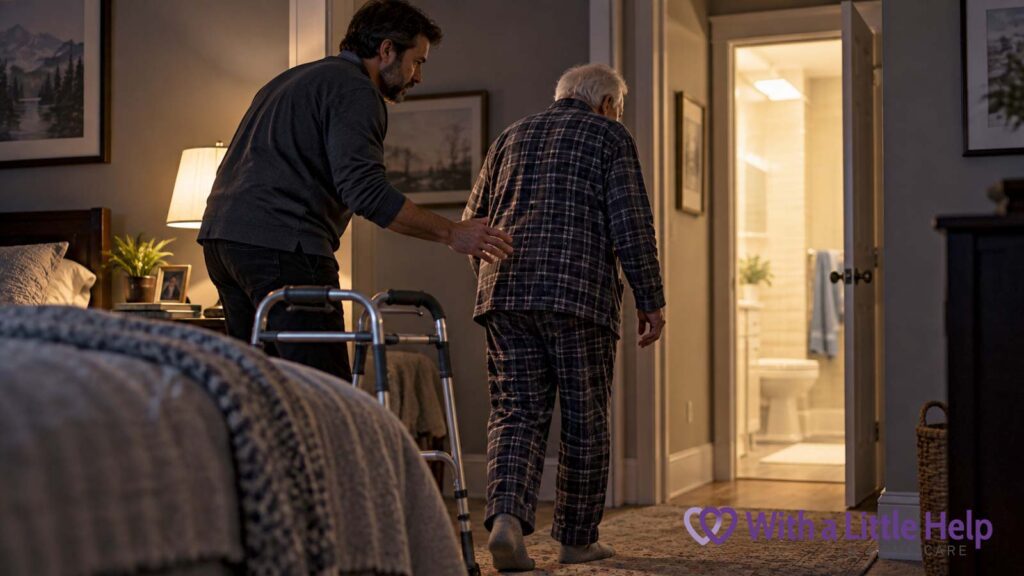 An overnight caregiver helps an elderly man with dementia who has forgotten to use his walker during a nighttime bathroom trip.