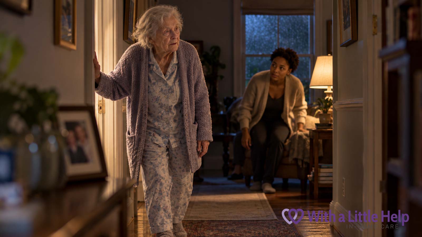 Overnight care for seniors with dementia provides support when an elderly woman wakes confused during the night.