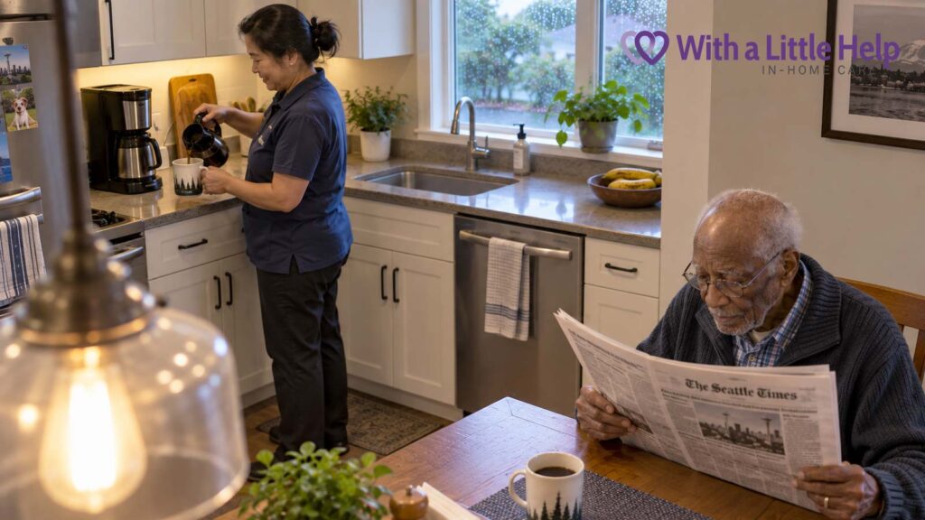 A regular in-home caregiver prepares coffee for an elderly Seattle man while he reads the newspaper at his kitchen table.