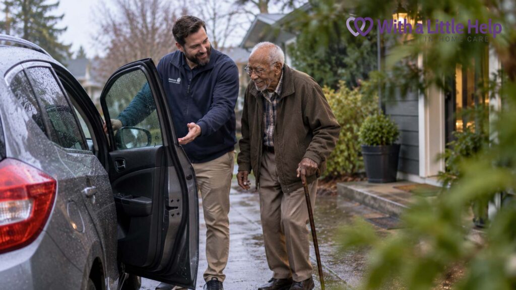 An elderly Seattle man walks to the car with a familiar in-home caregiver on a rainy day.