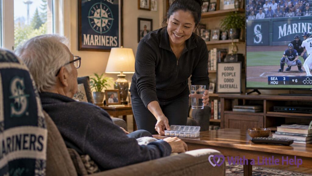 In-home care includes medication reminders as an elderly Seattle man watches a Mariners baseball game at home.