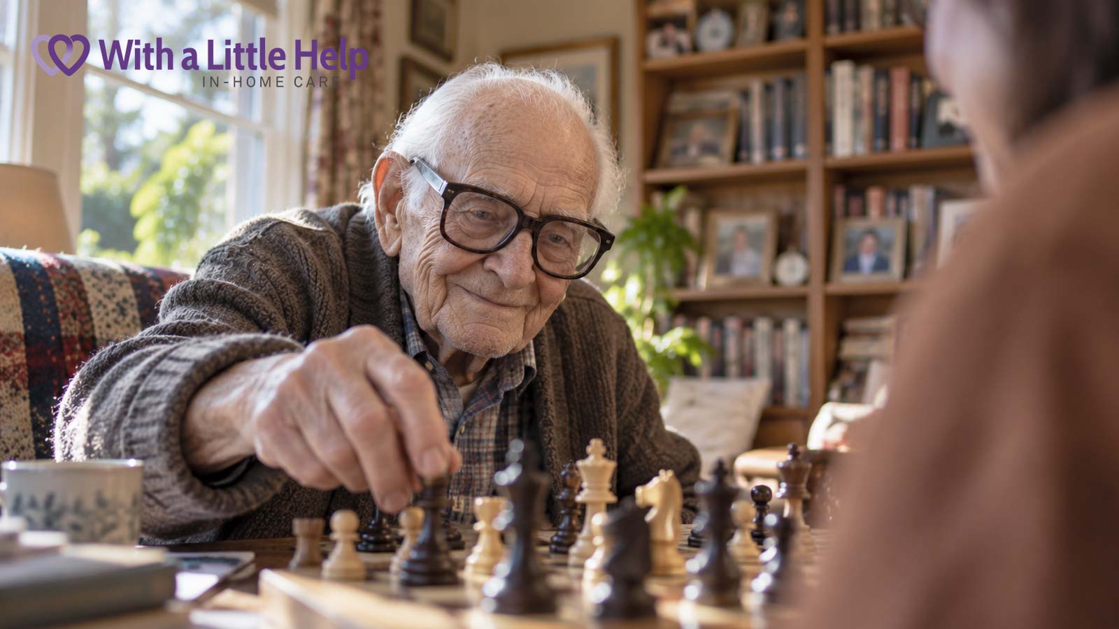 In-home care includes companionship and shared activities such as playing chess with a senior at home.