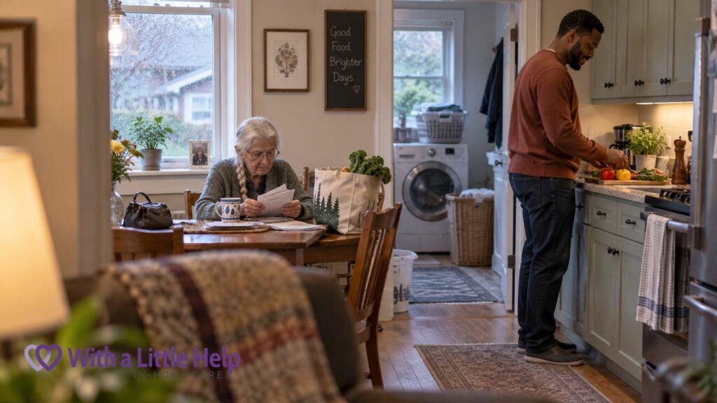 In-home care helps an elderly Seattle woman with everyday routines while her caregiver prepares a meal in her kitchen.