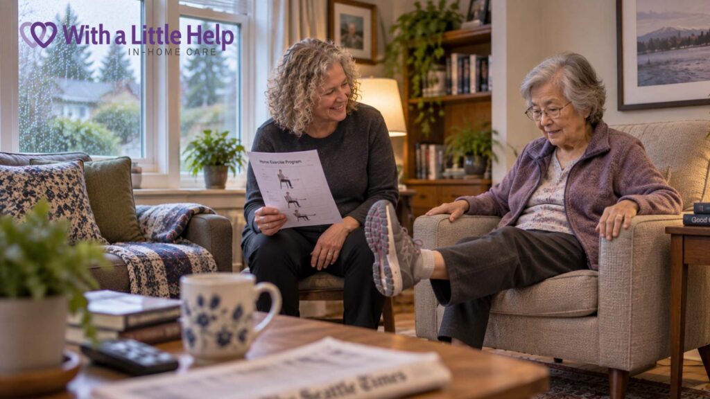 In-home care supports an elderly woman as she completes physical therapy exercises prescribed for her between PT visits.