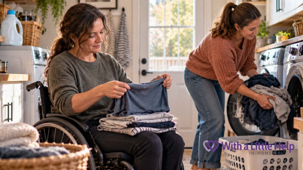 A woman using a wheelchair folds clothes while a caregiver handles the washing machine, demonstrating in-home care for adults in Seattle.