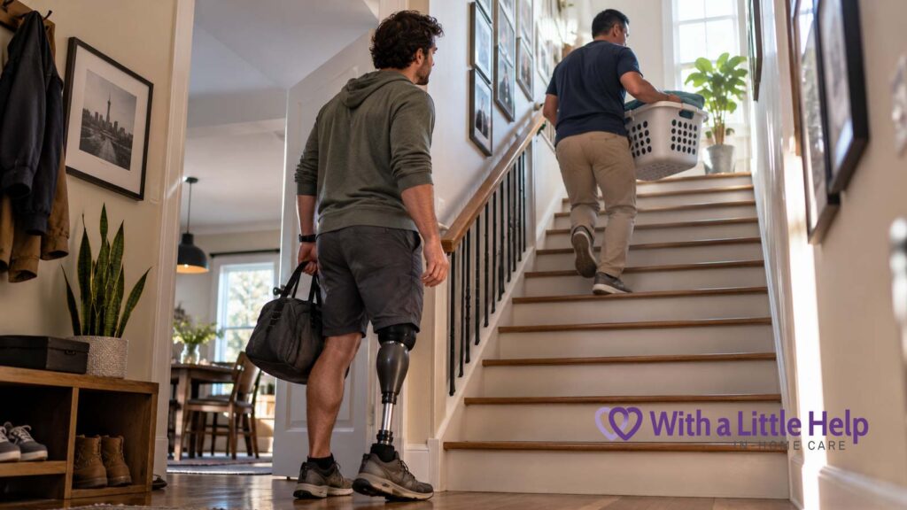 A caregiver carries laundry upstairs for a younger man with a prosthetic leg, illustrating in-home care for adults in the Seattle area.