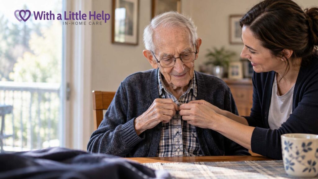 A caregiver provides Parkinson’s in-home care in Seattle by helping an elderly man fasten the buttons on his shirt.