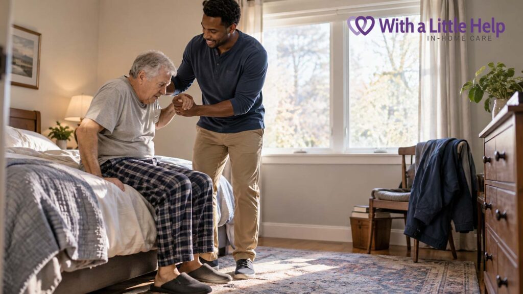 Parkinson’s in-home care in Seattle helps an older man safely get out of bed with assistance from a caregiver.