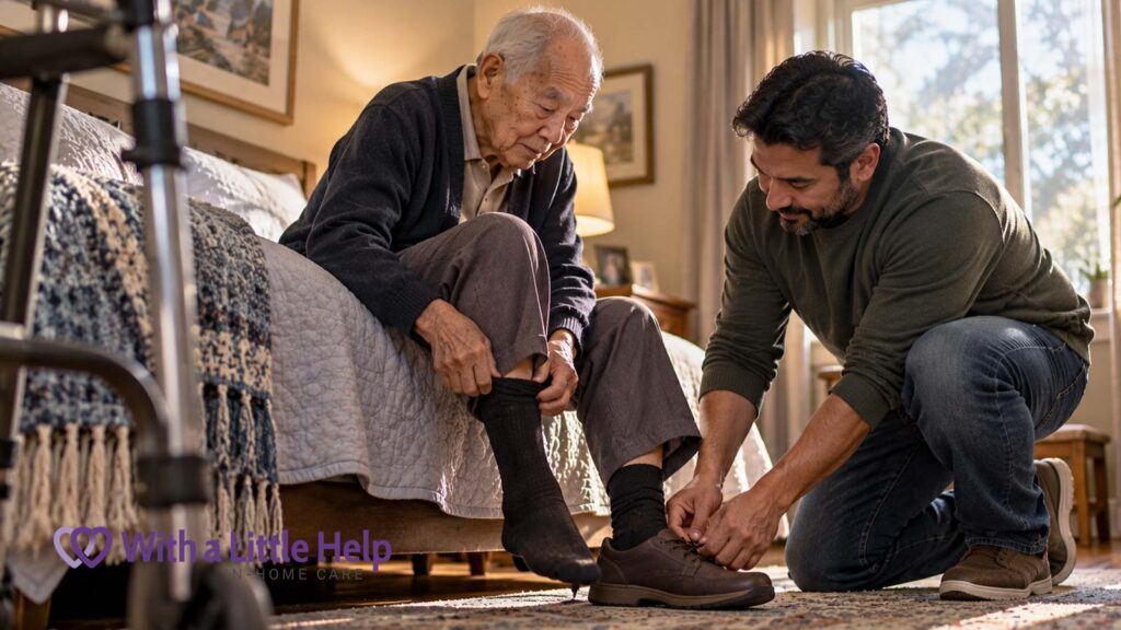 Personal care at home helps an elderly senior with shoes while he continues dressing himself independently.