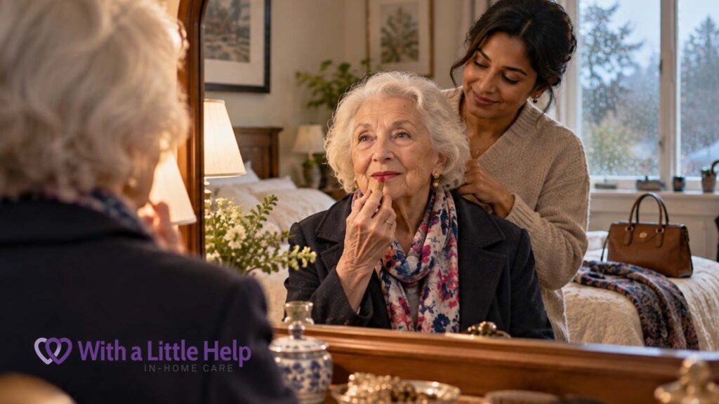 Personal care at home helps a Seattle senior get ready to go out while she applies her own makeup and her caregiver assists with dressing.