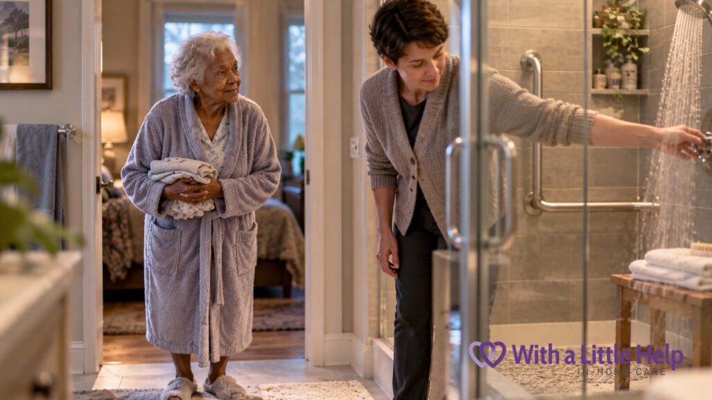 Personal care at home helps a senior prepare for a safe shower with assistance from an in-home caregiver.