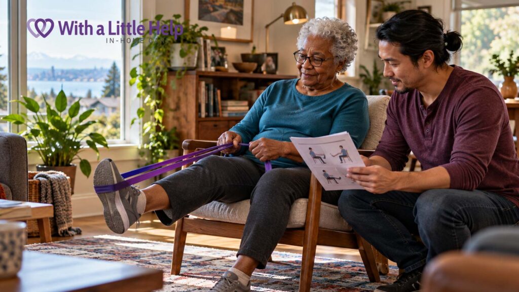 An elderly woman performs resistance band exercises with caregiver assistance, demonstrating physical therapy at home for seniors in Seattle.