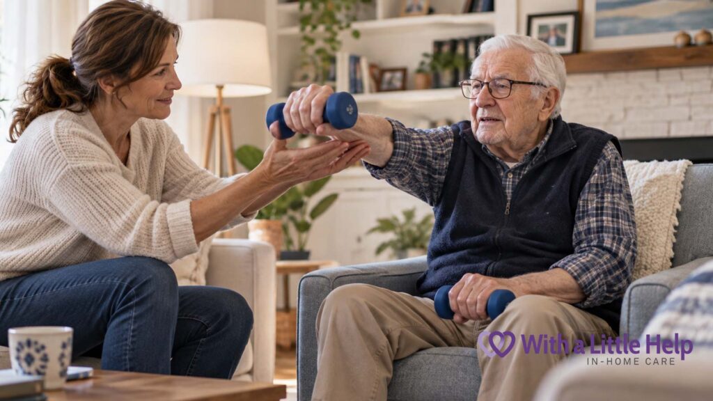 A very elderly man performs seated dumbbell exercises with support from a caregiver, showing how physical therapy at home for seniors can be incorporated into daily routines.